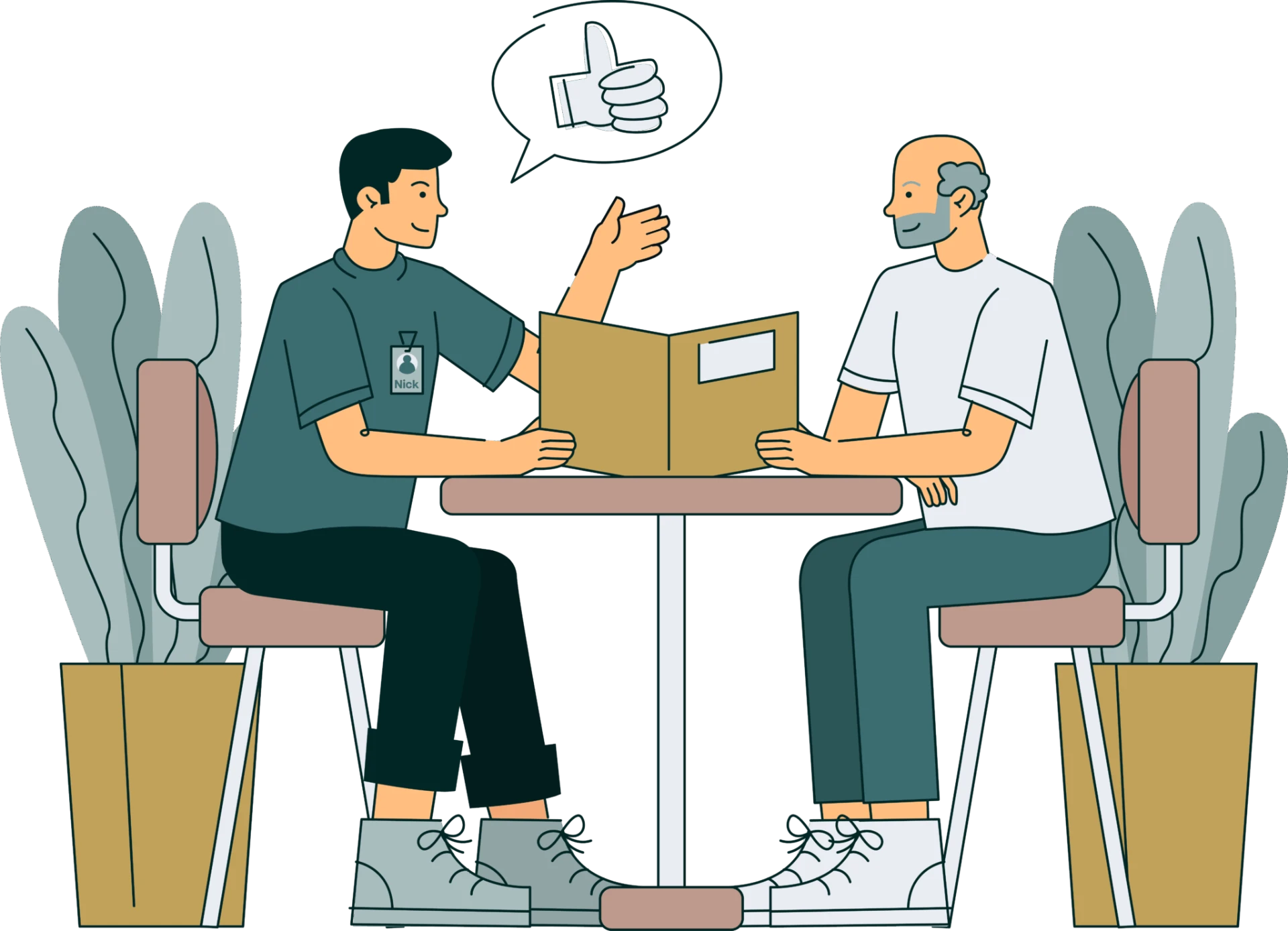 Twee mensen in gesprek aan tafel tijdens een HR-gesprek
